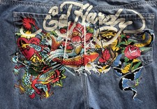 Vintage Y2K Ed Hardy Jeans Multi Tattoo Graphic Size 34 Dragon Koi Snake picture