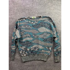 Marco di Marco Knit Sweater Mens L Teal Blue Abstract 3D Textured Vintage Italy picture