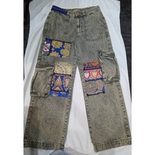 The Nu Vintage Upcycles Patchwork Cargo Pants Boho Reworked Wide Leg Size M picture