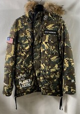 AAPE BY A BATHING APE Men's Camo Puffer Down Jacket Fur Trimmed Hood Parka Sz M picture