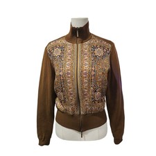 Etro Milano Vintage Paisley Silk Panel Knit Zip Up Cardigan Jacket Brown M picture