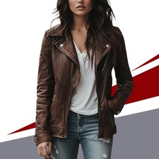 Women Cafe Racer Moto Biker Distressed Brown Retro Vintage Real Leather Jacket picture