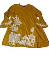 Sana Safinaz Mustard Cotton Embroidered Floral Feather Sleeve Tunic Top L picture