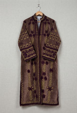 Chocolate Brown Suzani Velvet Embroidered Coat Long Duster Robe Kimono Jacket picture