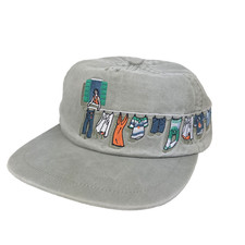 House of Errors Washing Line Beige Embroidered Graphic Hat Leather Strap NWT  picture