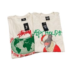 Lot Of 2 NEW Stussy Happy Holidays Tee Shirts Rat World Globe Santa NWT W/Tags S picture
