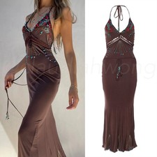 Vintage ROBERTO CAVALLI Class Brown Silk Bead Embellished Halter Slip Dress US10 picture
