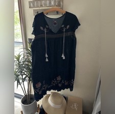 Johnny Was Dress Womens Medium Blue Linen Embroidered V-Neck Shift Tunic Boho picture