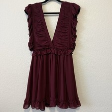 Storia Burgundy Ruffle Mini Dress Women’s Small Deep V Flutter Sleeve picture