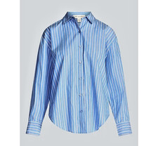 New 100% Cotton Womens Blue Poplin Button-Up LS Shirt With White And Red Stripes picture