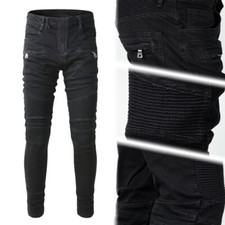 Men's Classic Retro Zipper Pocket Skinny Pleated Stretch Twill Denim Jeans picture