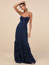 Lulus Priela Dark Navy Ruffled Lace-Up Maxi Dress Evening Gown XS NWT Prom Party picture