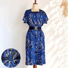 VTG 80s JOMONDO Blue Abstract Botanical Print Dress Dolman Sleeve Midi US S M picture