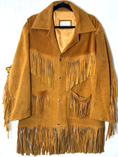 Vintage 70s De La Garza Suede Fringe Jacket Western Boho Mustard Men 44 Mexico picture