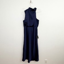 Lulus Distinctive Charm Navy Satin Asymmetrical Mock Neck Midi Dress XL NWT picture