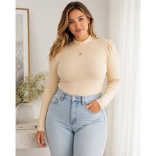 Band of the Free Ivory Ribbed Mock Neck Puff Sleeve Top Large NWT picture
