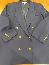 ✨ VTG Austin Reed Women's Dark Navy Double-Breasted Wool Blazer Gold Buttons 16 picture