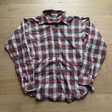 Vintage 1960s 70s Flannel Shirt Mens Large Red Green Plaid Cotton Made in USA picture