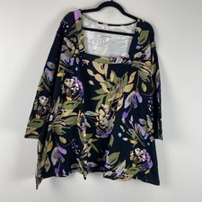 Catherines Suprema Tunic T Shirt Size 5X Square Neck 3/4 Sleeves Black Floral picture