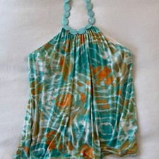 Sky Vintage Y2K Beaded Halter Top Aqua Teal Floral Boho Festival Medium picture