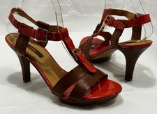 ZINDA 40EU CORAL/BROWN Patent Leather Slingback Ankle T-Strap Heeled Sandal 9.5M picture