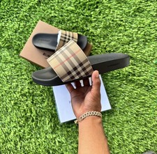 Burberry Men’s Check Slide Sandals Beige/Black Slip-On Logo Accent picture