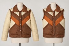 Vintage 70s 80s Color Block Puffer Jacket Vest Brown Orange Utility Gorpcore L picture