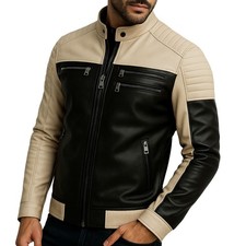Men’s Genuine Leather Biker Jacket Two Tone Cafe Racer Motorcycle Outerwear Coat picture