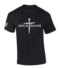 Mens Christian Shirt Nail Cross Jesus Saves Short Sleeve T-shirt Graphic Tee picture