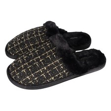 New NINE WEST SLIPPERS Black & Gold Tweed FAUX FUR TRIM & LINER 9-9.5-10 Large picture