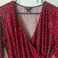 Dressbarn Collection Red Black Sequin Beaded Wrap Blouse V-Neck 3/4 Sleeve Large picture