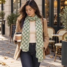 100% Silk Green White Checkered Scarf Sheer Lightweight Rectangular Wrap 59x20in picture