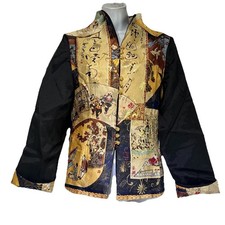 Vintage Chinese Mandarin Collar Oriental Jacket Top Gold Black Calligraphy M picture