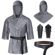 Renaissance Faux Chain Mail Armor Tunic Shirt Coif Medieval Knight Cowl Crusader picture