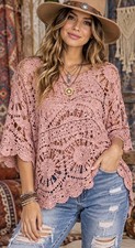 POL Rose Open-Weave Crochet Lace Top W/Scalloped Hem & Relaxed Fit, One Size picture