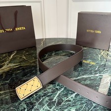 Bottega Veneta Men's Brown Leather Belt Gold Intrecciato Buckle picture
