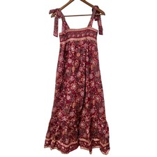 Storia Womens Burgundy Floral Smocked Tiered Maxi Dress Bows S Boho Cottage picture