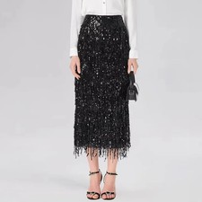 Temperament Women's Skirt Shiny Sequin Tassel High Waist Straight Slit S picture