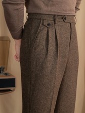 Mens Tweed Suit Pants Slacks Vintage Retro Herringbone Adjustable Waist Trousers picture