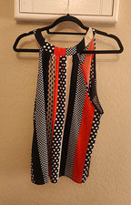 Women’s Black White Orange Polka Dot Halter Top Round Neck Sleeveless L picture