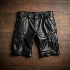 Men's Black Real Leather Cargo Shorts Biker Style Pockets Trousers 32 42 picture