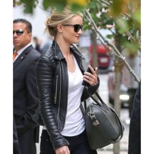 Black Women's Slim Fit Biker Diamond Quilted Real Leather Jacket-BNWT picture