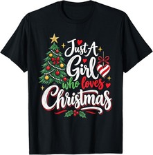 Just A Girl Who Loves Christmas Cute Xmas Tree Graphic T-Shirt Women's Black picture