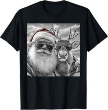 Funny Santa Claus Reindeer Selfie Cool Retro Christmas T-Shirt picture