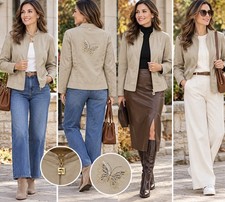 St John Sport Marie Gray Rhinestone Butterfly Jacket Women’s 12 Khaki Tan Y2K picture