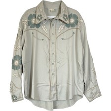 Vintage Ann N Eve of California Womens Western Floral Embroidered Shirt Tan L picture