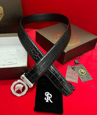 STEFANO RICCI Men's Black Crocodile Pattern Belt Eagle Silver Buckle With Box. picture