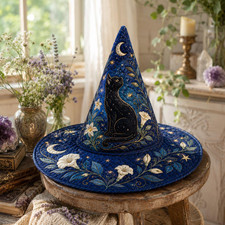 Halloween Quilted Witch Hat, Black Cat Moon Floral Gothic Witchy picture
