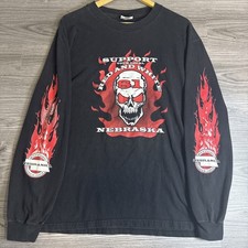 Vintage Faded 90s Hells Angels Support Nebraska Long Sleeve Flames Black Mens L picture