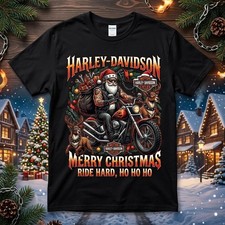 Funny Christmas Harley Motorcycle Unisex Black T-Shirt #02, iconic figure, S-5XL picture